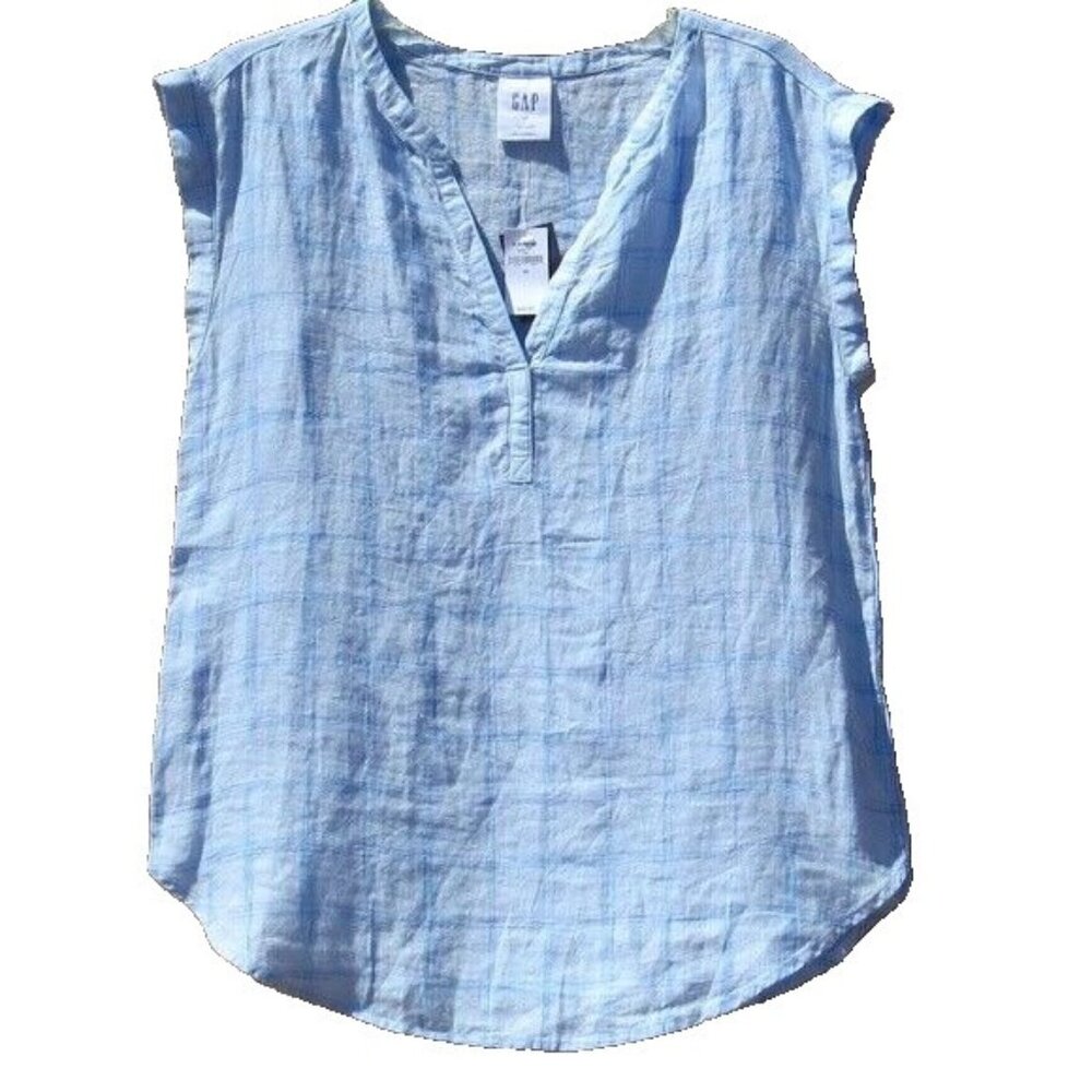 GAP 100% Linen Blouse Womens Blue Plaid Sleeveless Top XS Cool Summer Style